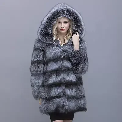 Mwfur Fashion Luxury Silver Fox Fur Jacket Fashion Silver Fox Women Fur Hooded Parka Fox Hair Lining Outwear