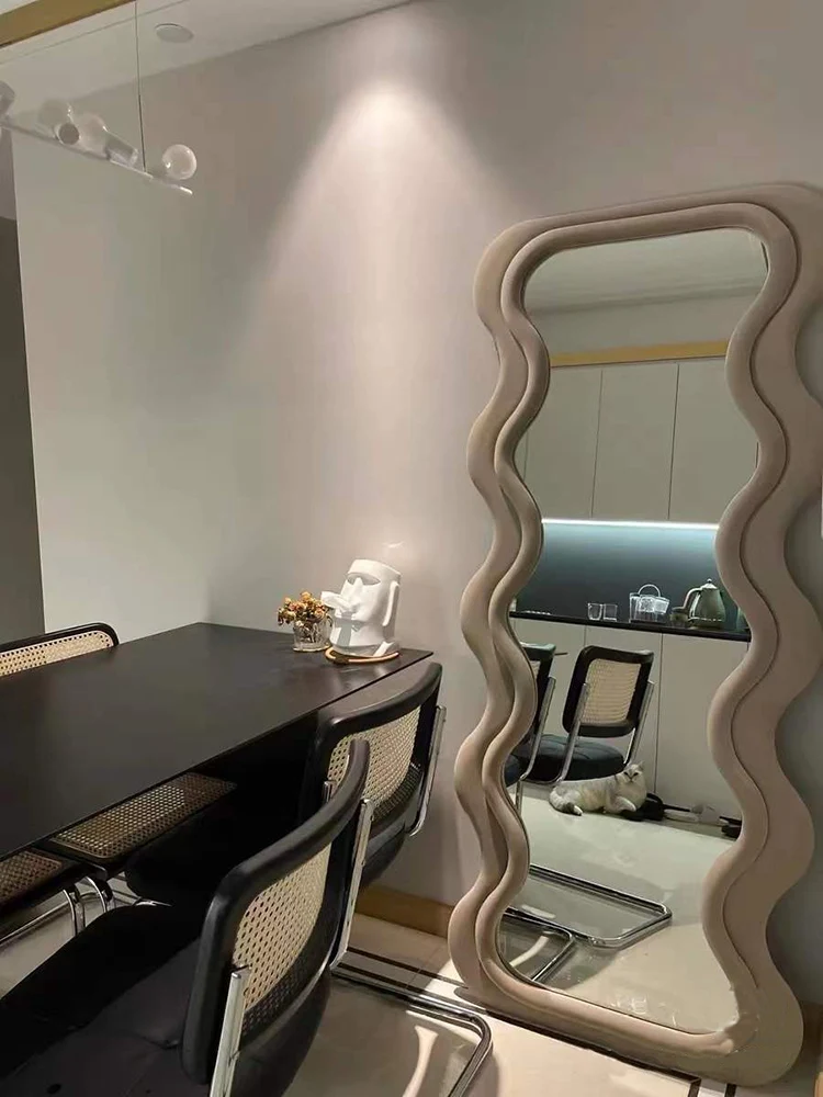 Hot sale  Ins Wave Shape Plastic Frame Bedroom Full Length Mirror Cafe Living Room Long Decorative Standing Mirror