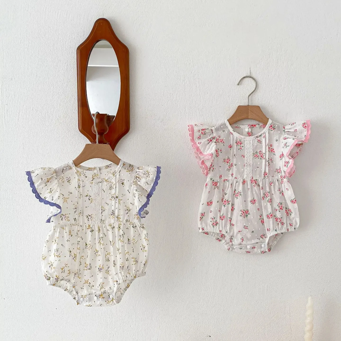 Baby floral romper baby pure cotton fly sleeve thin triangle jumpsuit