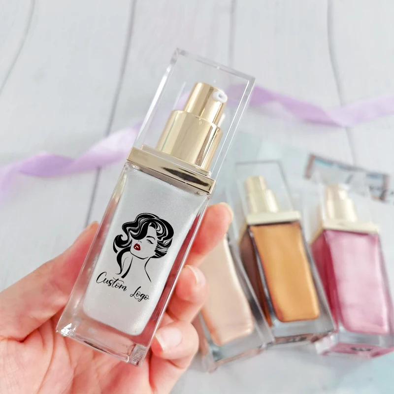 OEM Liquid Bronze highlight Vegan Face Body Makeup High Pigment Shimmer Private Label Push Bottle Liquid Highlighter