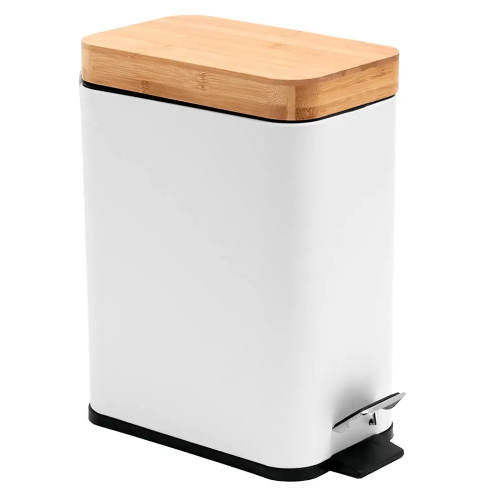 Bamboo Trash Can with Lid Soft Close 5 Liter 1.3 Gallon Slim Foot Pedal Waste bin Narrow Garbage Bin