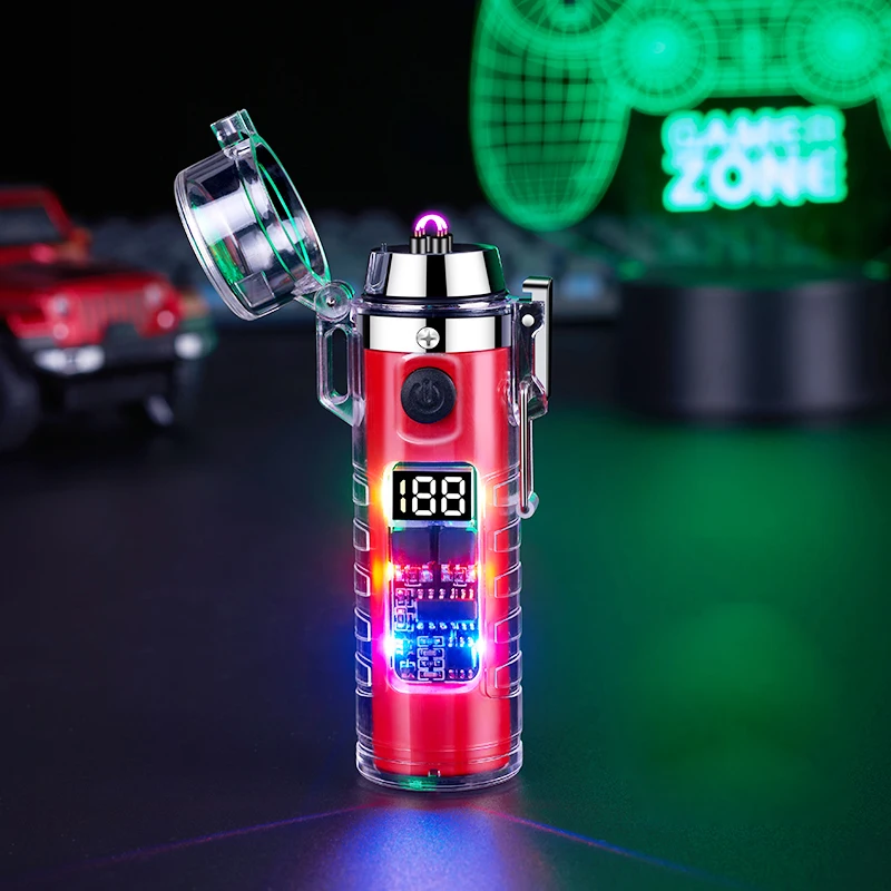 Rechargeable Double Arc Cigarette Lighter Outdoor Camping Waterproof Stove Lighter Transparent Self Glowing Lighter Flashlight