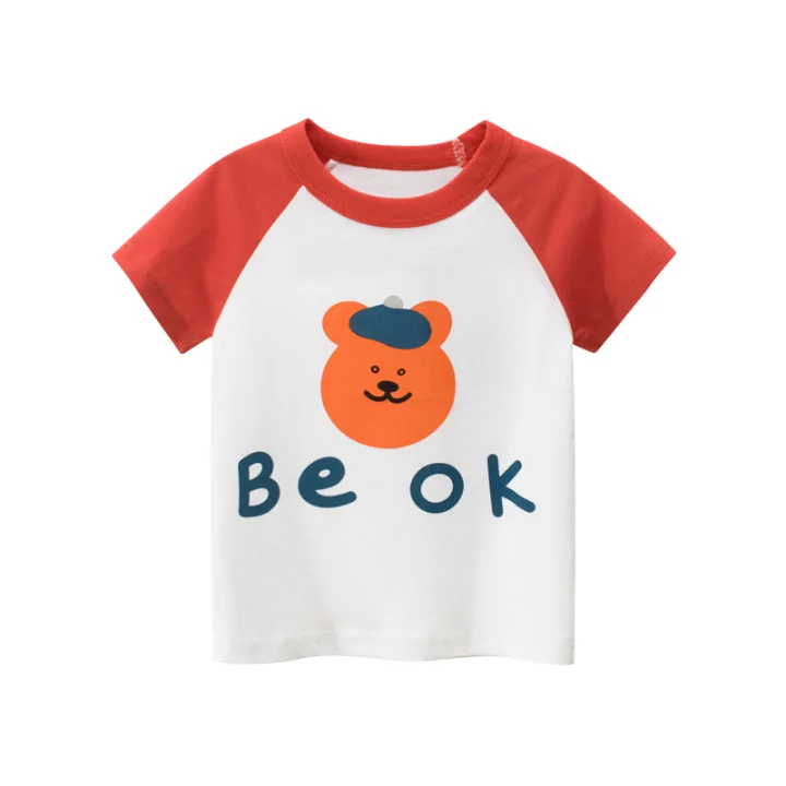 
Fashion 2021 Summer Tomato Red Color Bear Printed Kids Girl Cotton T Shirt 