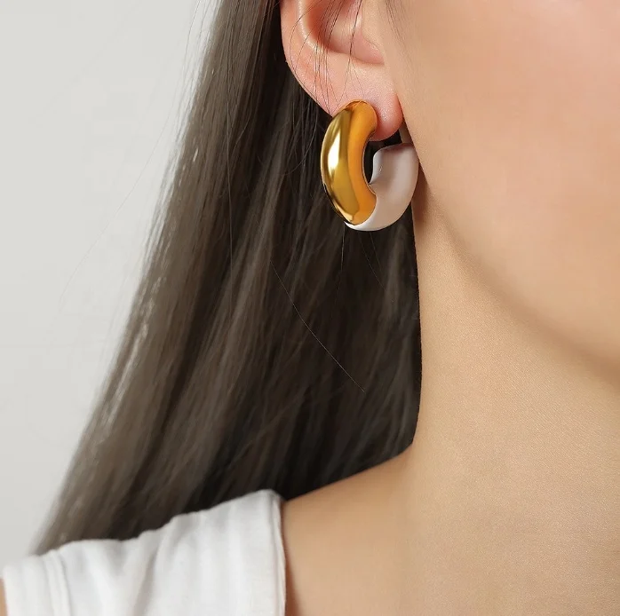 Modern Chunky Enamel Hoops Waterproof 18K Gold Women Jewelry Fashion C Shaped Sleek Gold Bold Statement Earrings