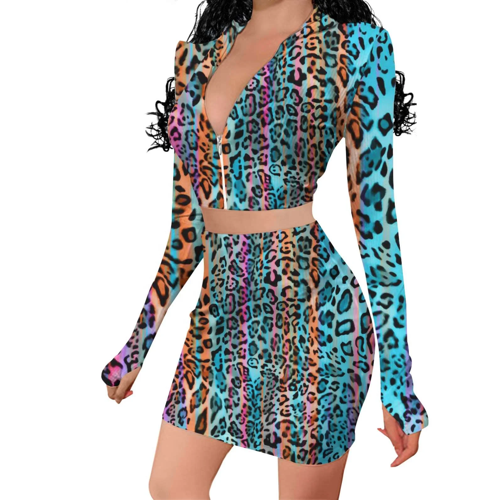 Colorful Leopard Printed Grace & Elegant Plus Size Sun Dress Summer Bodycon Women New Hot Sexy Two Piece Skirt Set