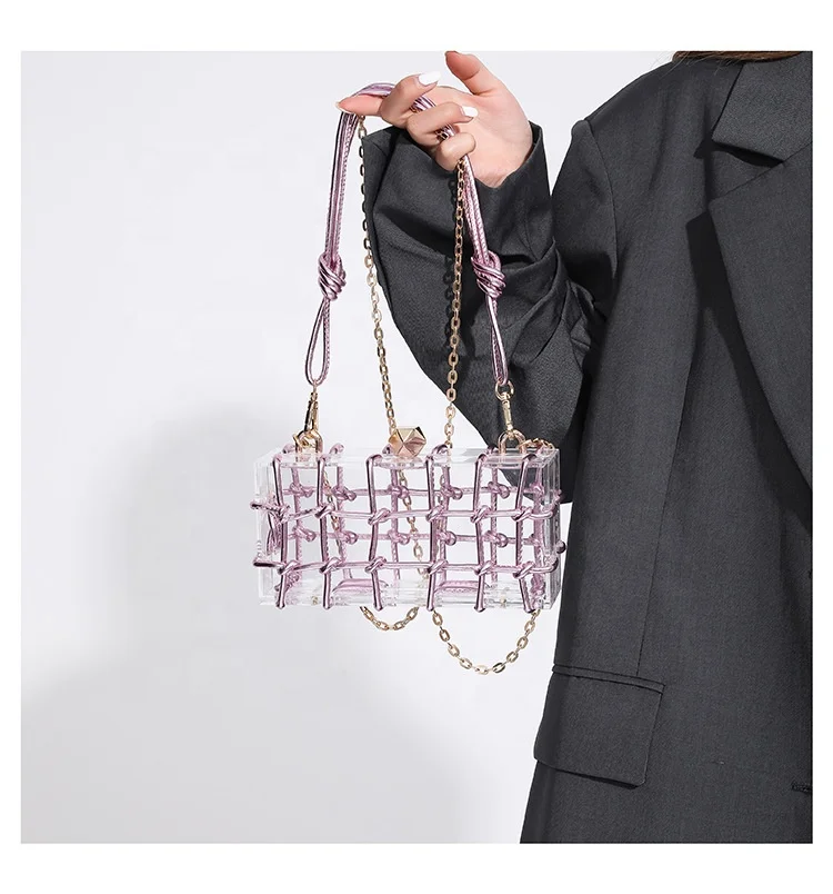 New Arrival Acrylic Transparent Evening Bag Woven Hollow Out Chain Square Bag Makeup Clutch For Ladies