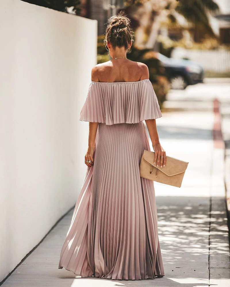 Off shoulder beach dresses Women party dress maxi ruffle solid pink autumn dresses