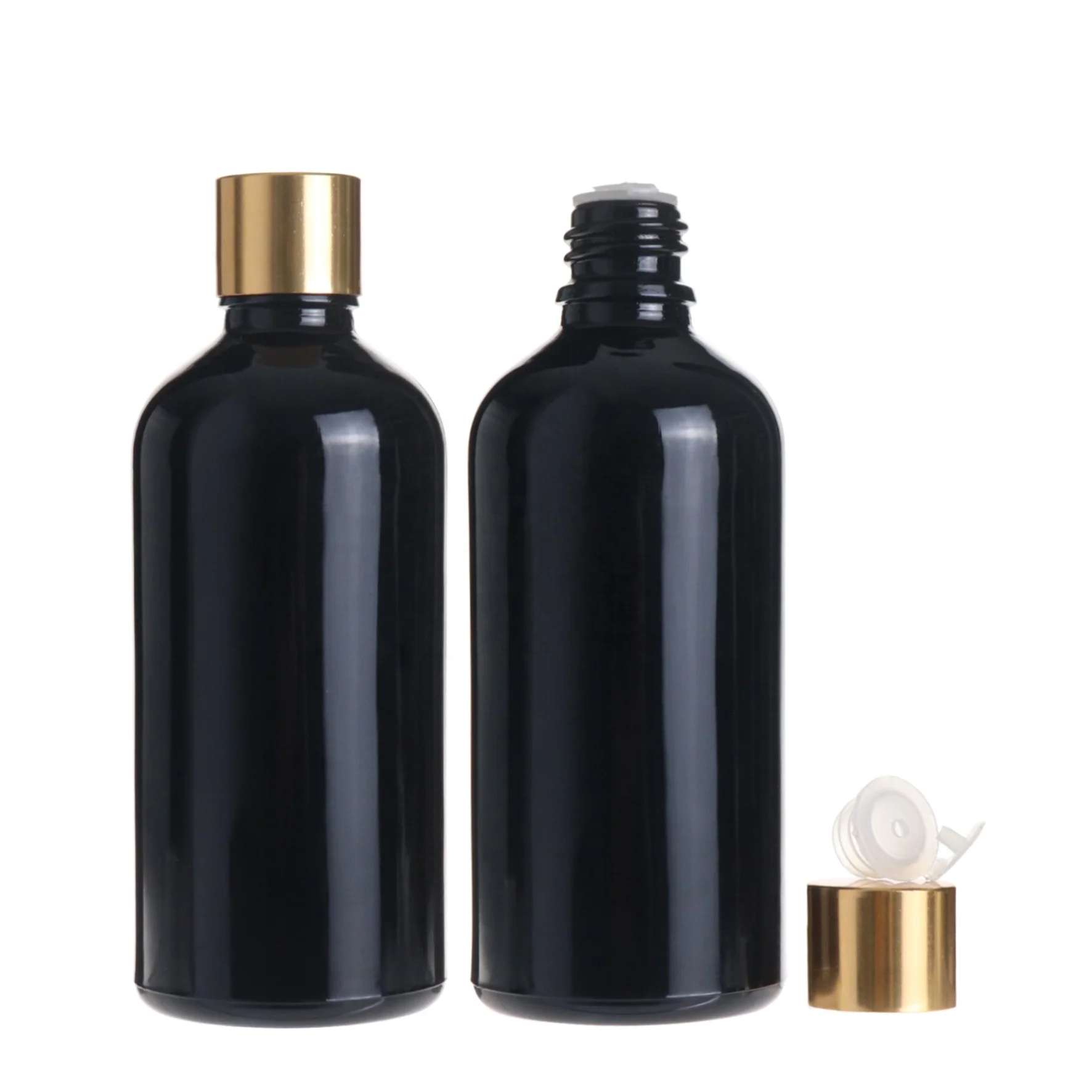 Empty round massage essential oil cosmetic black glass bottle 100ml with golden screw cap