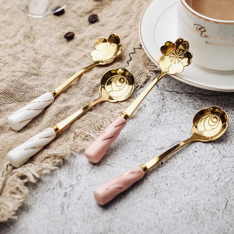 Household Japanese Sakura Ceramic Handle Spoon Golden Coffee Spoon Small Exquisite Long Handle Petal Dessert Mixing Spoon