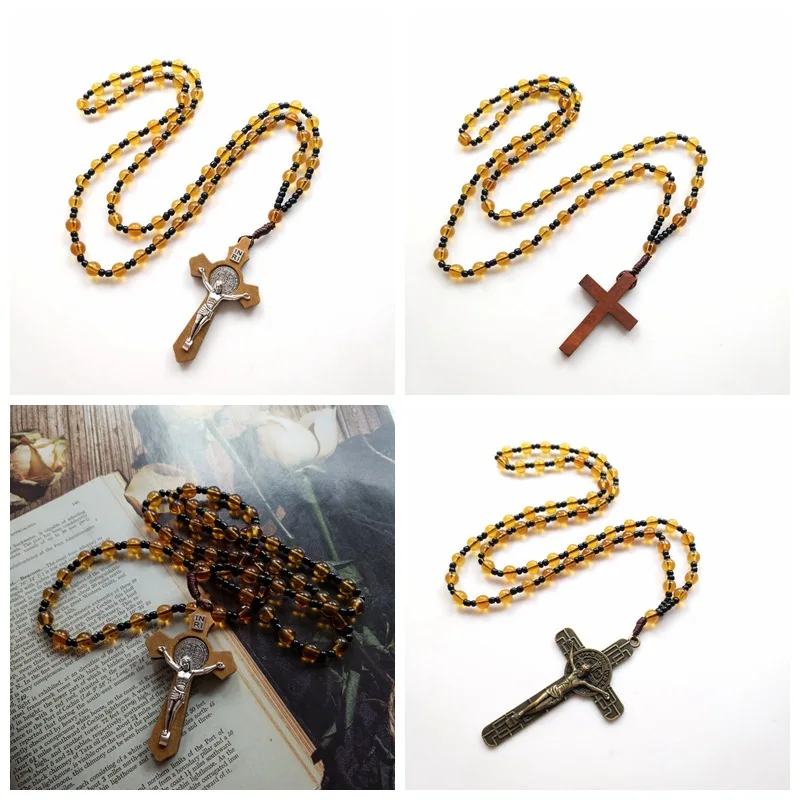 Wholesale Tea Colored Glass Bead Cross Pendant Necklace Multiple Prayer Bead Necklaces For Men And Women