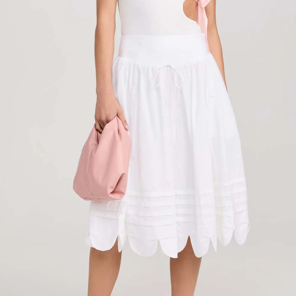 Clothing Manufacturers Custom Spring Summer Autumn Lightweight A-line Ponlin Lace Up Ruffle Scalloped Hem Midi Skirt