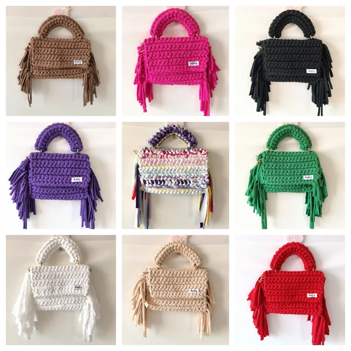 Good Quality New Arrival Women Handmade Solid Color Crochet Handbag T-shirt Yarn Tassel Crochet Shoulder Chain Bags