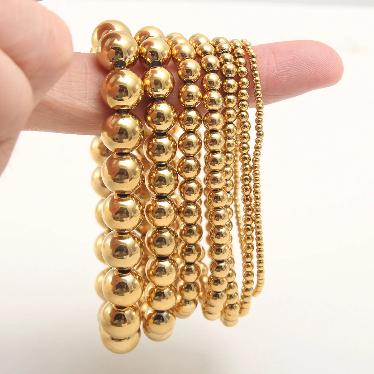 New Fashion Gold Plated Ball Bracelets Diameter 2-10mm Smooth Stainless Steel Bead Elastic Bracelet bijoux en acier inoxydable