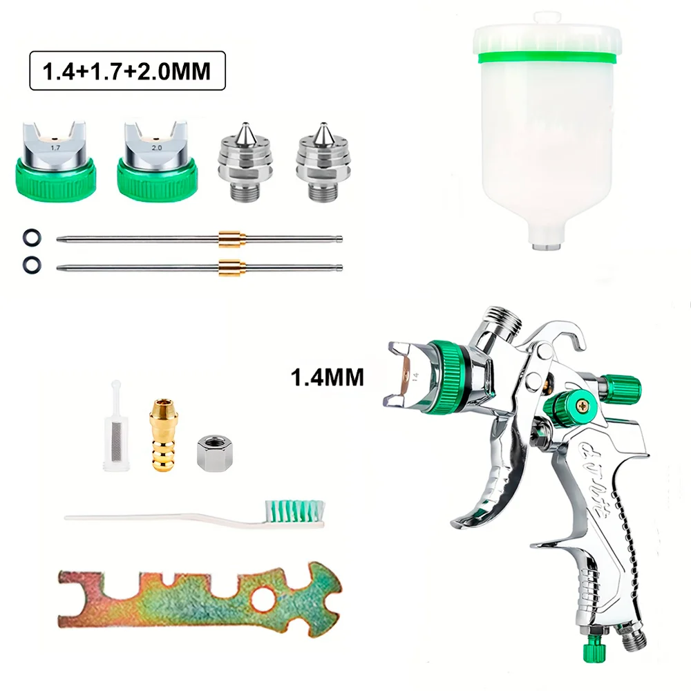 Professional Auto Body Paint Spray Gun Kit - HVLP Gravity Feed with 1.4mm/1.7mm/2.0mm Nozzle, Green Finish for Car Repair.