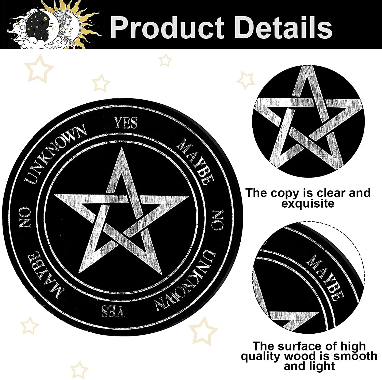 6IN 2PCS Wooden Pendulum Board with Stars Sun and Moon for Divination Message Board Wooden Board Altar Decoration