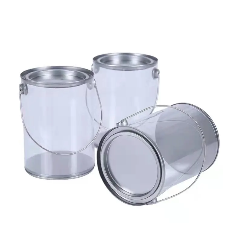 Clear Plastic PVC Packaging Paint Tin Bucket With Metal Lid and  Handle
