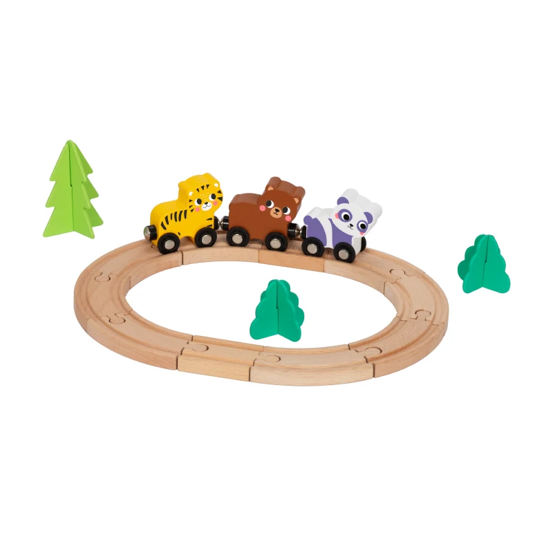 Wooden Construction Train Set Children Railway Track Road Race Animal Car Cognitive Slot Toys for Kids