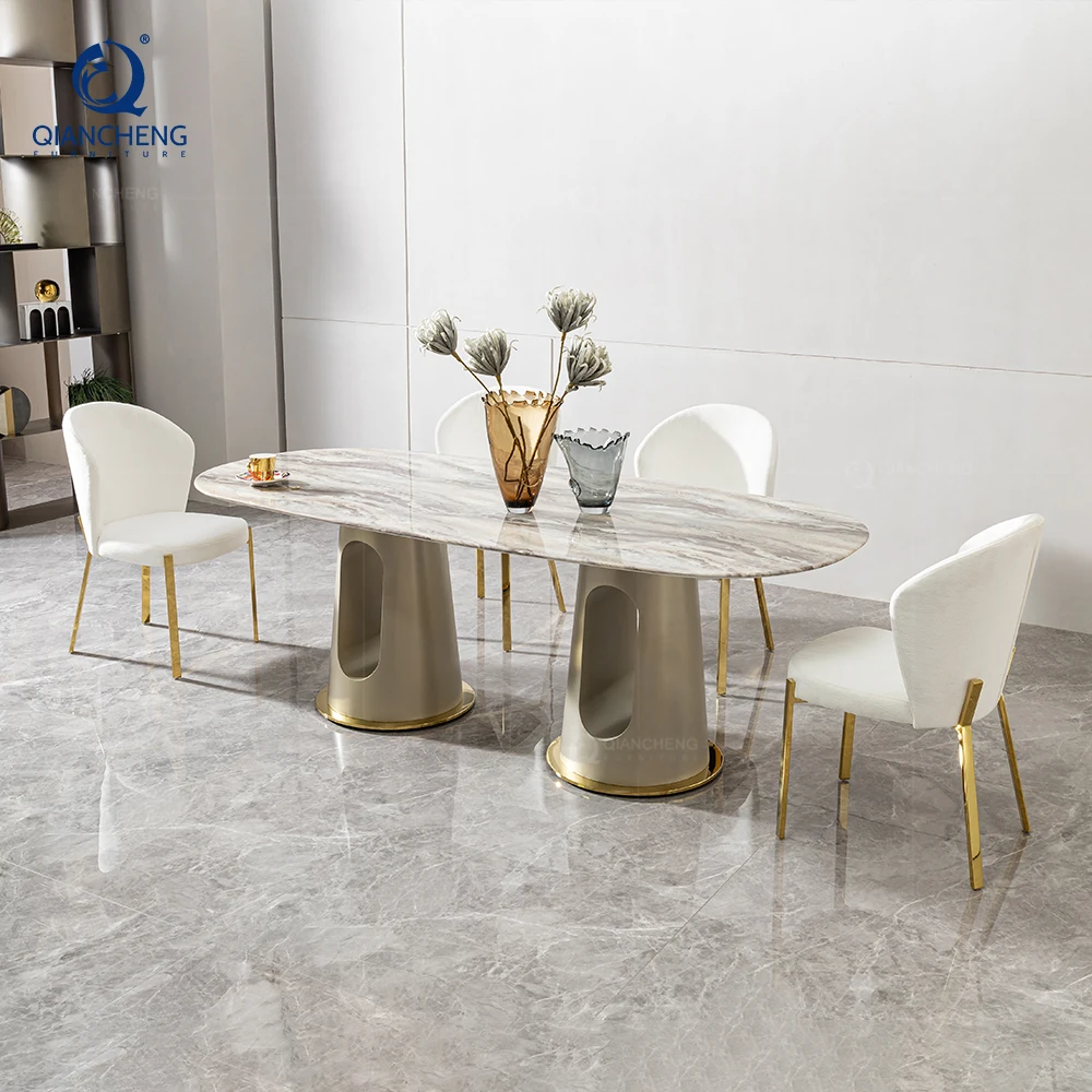 Wholesale nordic white marble top stainless steel dining table restaurant luxury gold dining 4 chairs and tables set