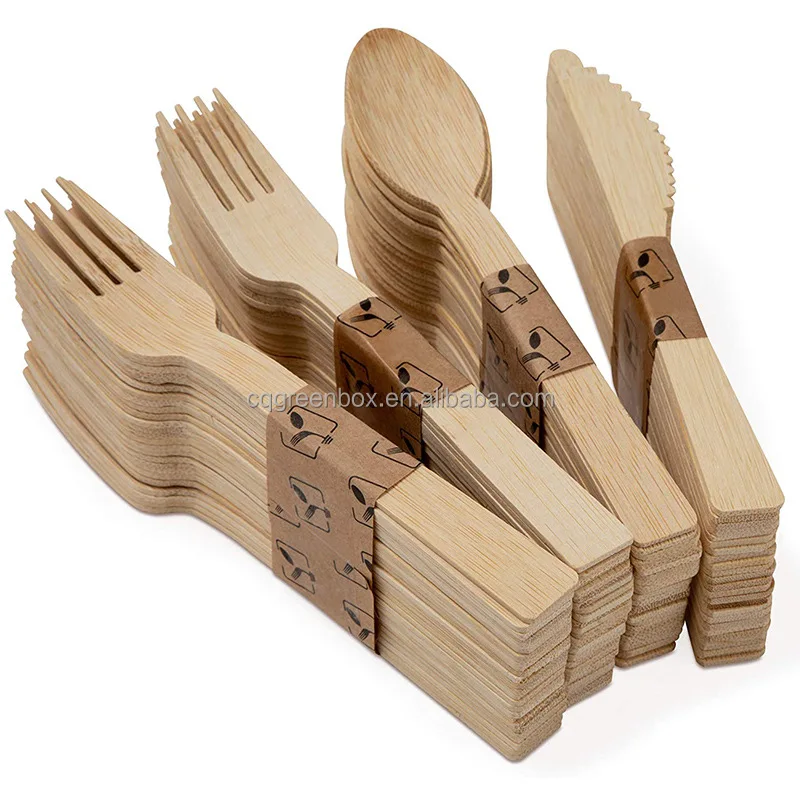 Wholesale Custom LOGO 100% biodegradable Disposable Bamboo Kitchen Spoon Knife Set Fork Cutlery