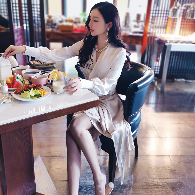 All-match color summer skirt custom-made luster shiny mid-knotted design skirt