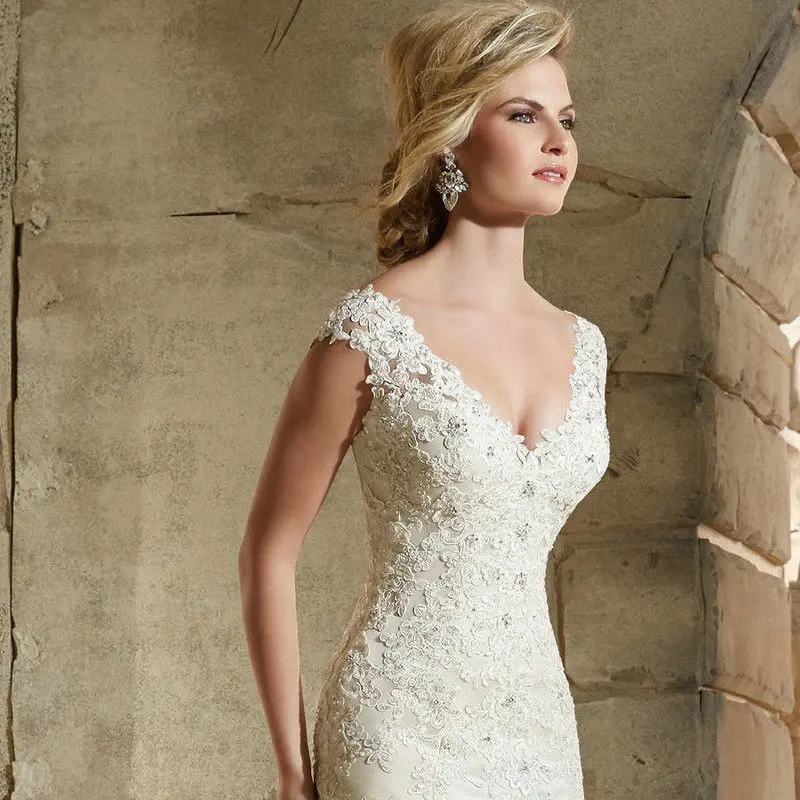 2024 Simple fishtail bridal dress robe vestido de novia siren V neck lace mermaid bride wedding dress with train