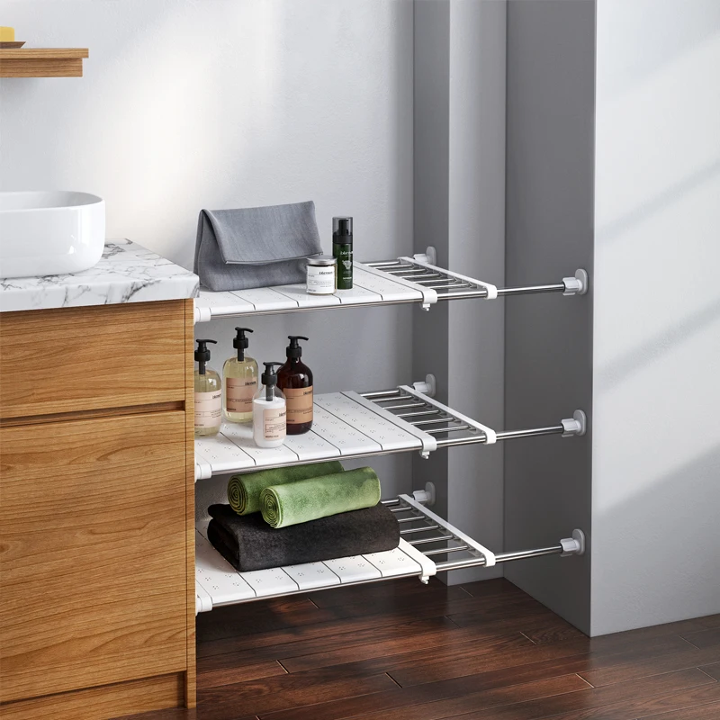 Telescopic stainless steel tension corner shelf with ABS resin white board layering bathroom storage sink organizer kitchen rack