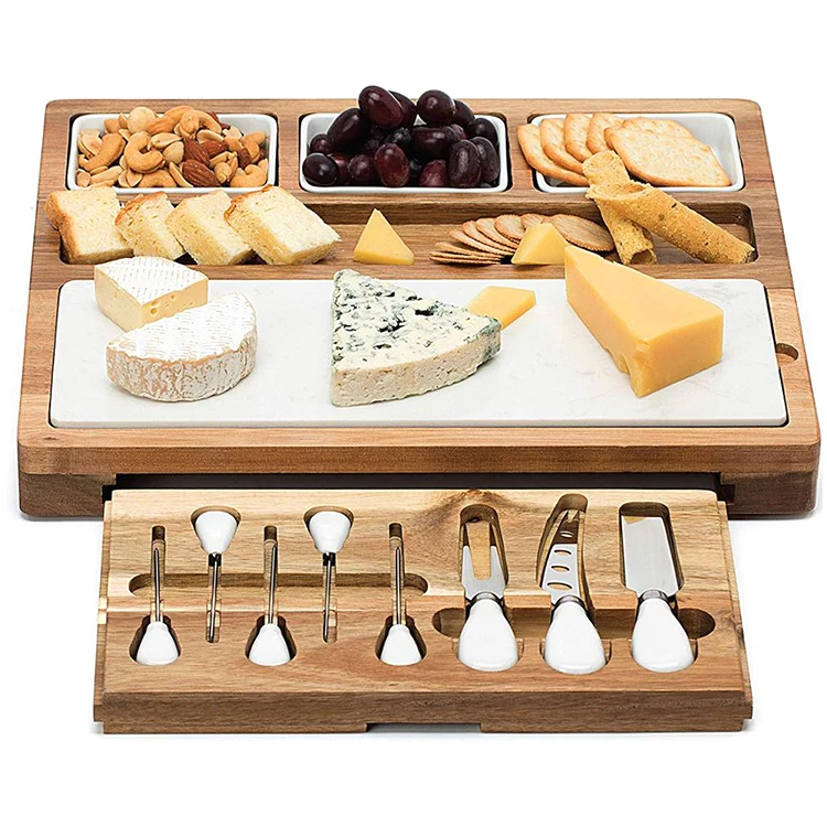Экологичная доска из Древесины Акации и сервировочная тарелка для сыра с выдвижным ящиком