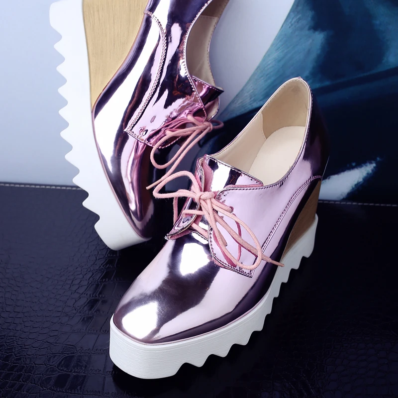 Fashionable Bright Glossy Lace-Up Anti-Slip Wedges for Ladies Single Shoes