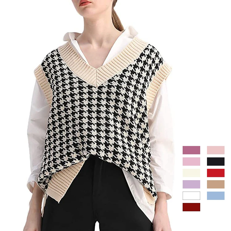 Новинка 2021, дизайнерский Женский вязаный свитер без рукавов с глубоким V-образным вырезом, жилет из акриловой ткани «гусиные лапки», свободный крой, трикотажная одежда для женщин