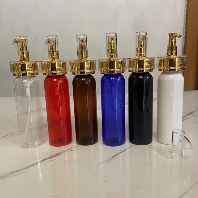 Hengjian 120ml 4 oz plastic cosmetic skin care bottles hair care shampoo bottle with gold lotion cream pump for essential oil ge