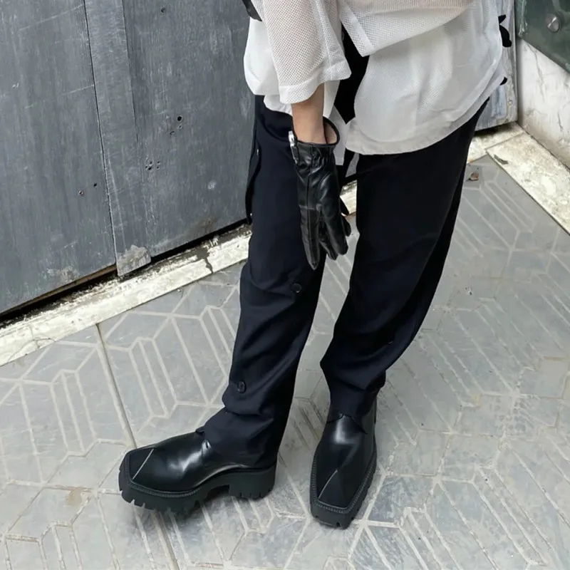 Xinzirain Custom Size 35-45 Thick Bottom Leather Fashion Round Strange Toe Black Fur Chunky Derby Shoes Men