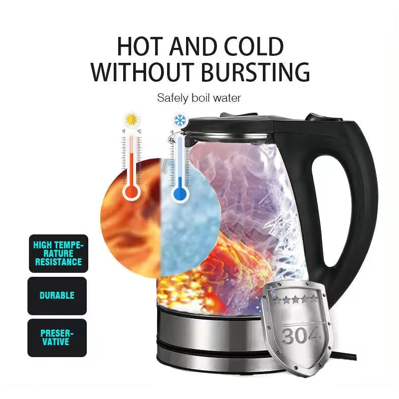 2024 Hot Sale Fashionable New Design 1.7 Liter Cordless Electric Glass Kettle with blue light for Hotel and Household Use