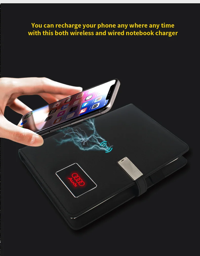 New Products Multifunctional Business Travel Can Light up logo A5 Size Folder Leather Wireless Charging Notebook