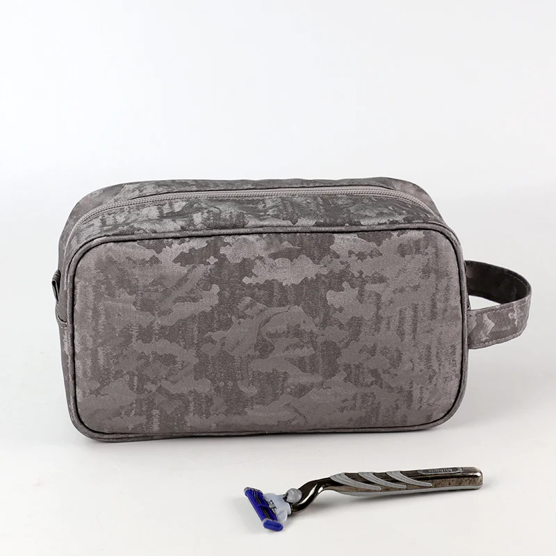 Logo Pattern Men Handle Organizer Waterproof Fabric Travel Zipper Pouch Wash Grey custom toilet bag