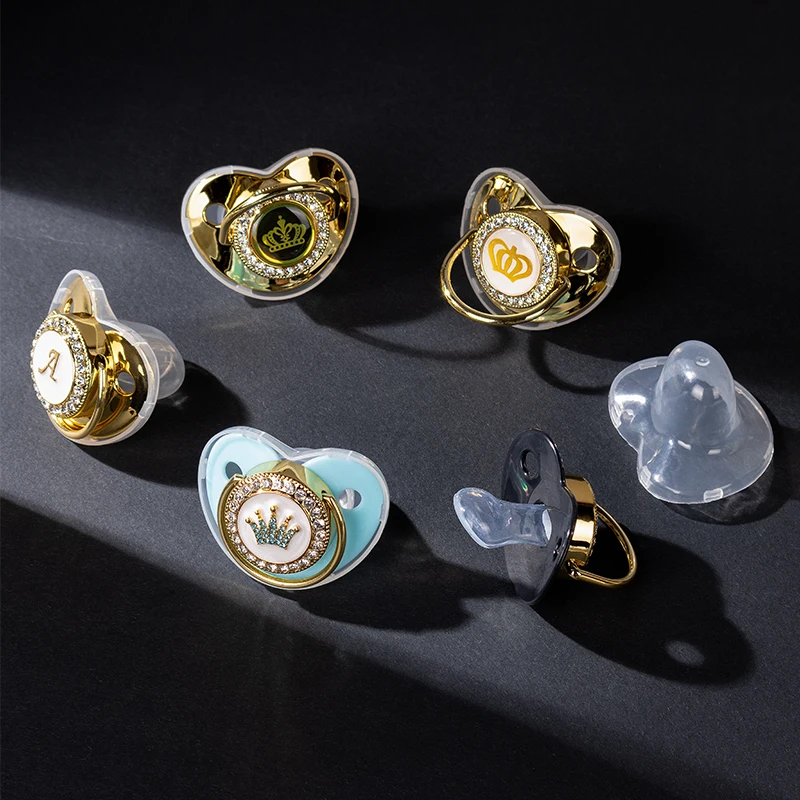 Custom Bling Luxury Pacifier Gold Bear Infant Silicone Orthodontic Clear Baby Pacifier Nipple Sleep Soother 0-12 Months