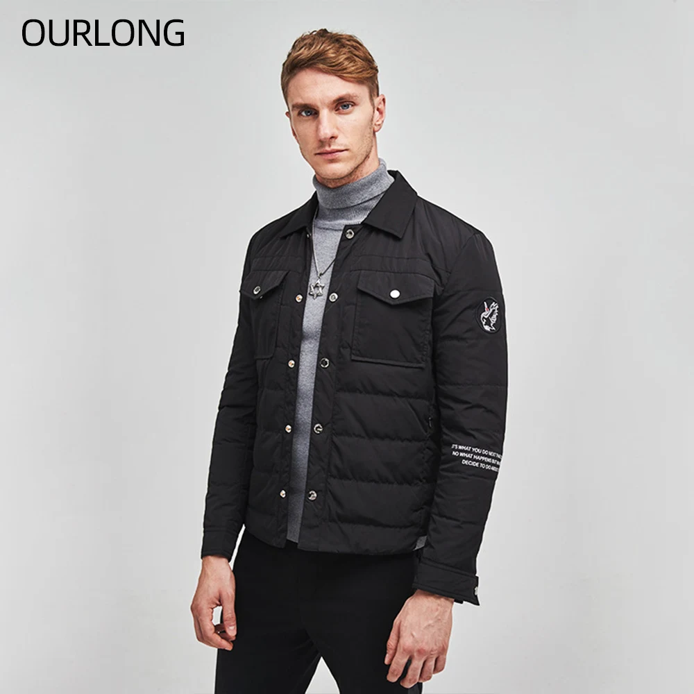 OURLONG casual warm plain puff quilted padded feather down winter jacket for men