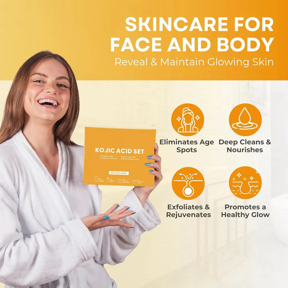 New Beauty Facial Kojic Soap Cleanser, Exfoliating Body Scrub, Face Cream & Brightening Facial Serum Kojic Acid Skincare Set