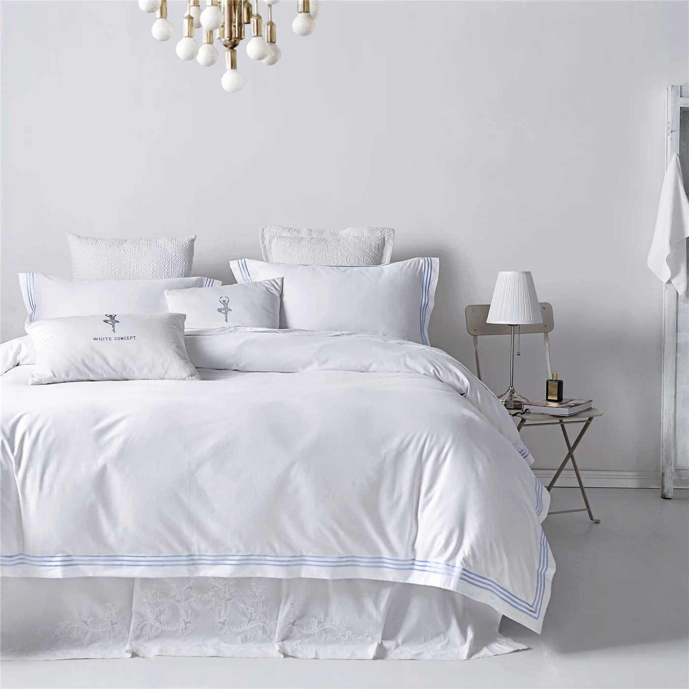 100% Cotton White Bedsheet Set for Hotel and Home Bed Sheet Sheet Type Plain Dyed Applique Embroidery 4 Pcs Solid All-season 60