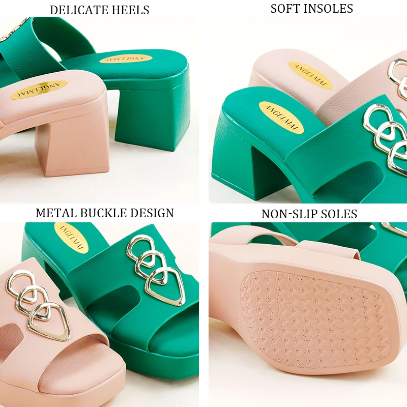 Outdoor Green Fashion trendy metal buckle Open Square Toe Pu Wedge Platform Slippers woman ladies high heel shoes sandals