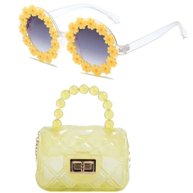 2024 Summer Colorful Candy PVC Little Girls  Mini Purse Kids Jelly Shoulder Bag and kid sunglasses set