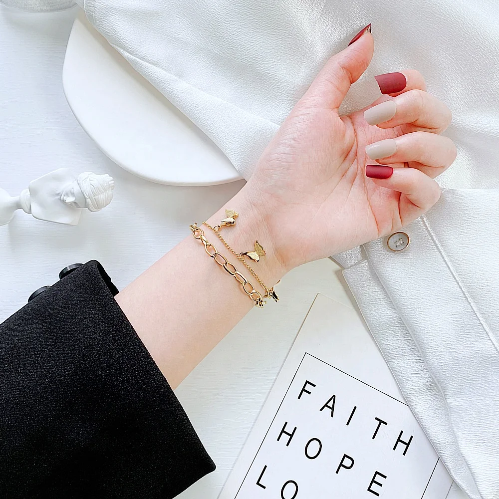Low MOQ Double Layered Bracelet Oval Chain Cuban Link Chain Gold Bracelet Stainless Steel Butterfly Bracelet for Gift
