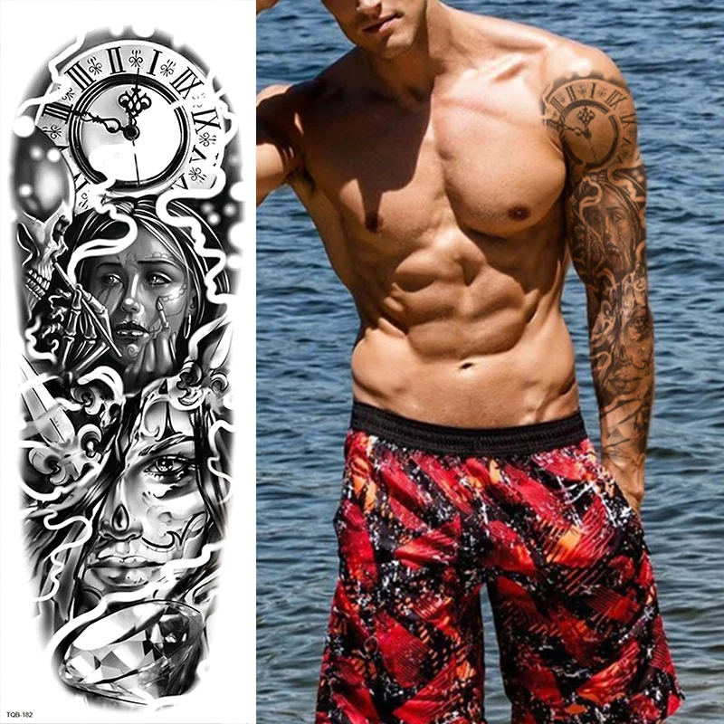Wholesale Large Full Arm Waterproof Temporary Tattoo Sticker Sleeve Tattoo Lion Crown King RoseWild Wolf Tiger Men Skull