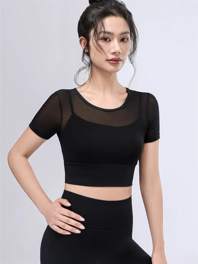 P177 Custom Women Yoga Tops Mesh Layer Soft Spandex And Nylon Sport Top Breathable Slim Fit Workout Shirts