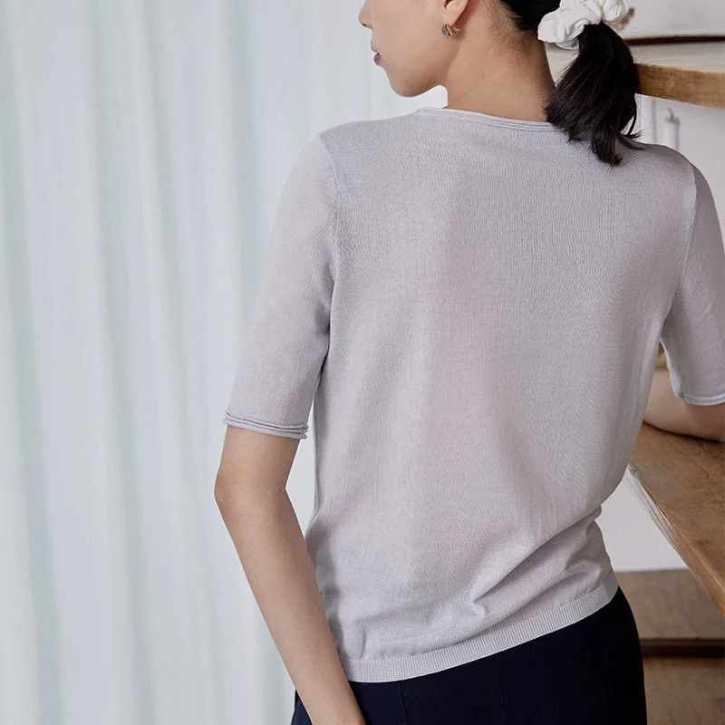 High quality fashion office lady O-neck embroidered T-shirt grey