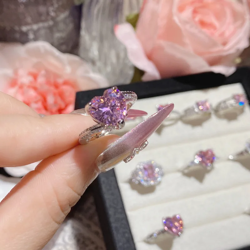 pink sapphire and diamond ring Exquisite 18K Plated Radiant Zirconia pink heart ring different design large diamond open ring