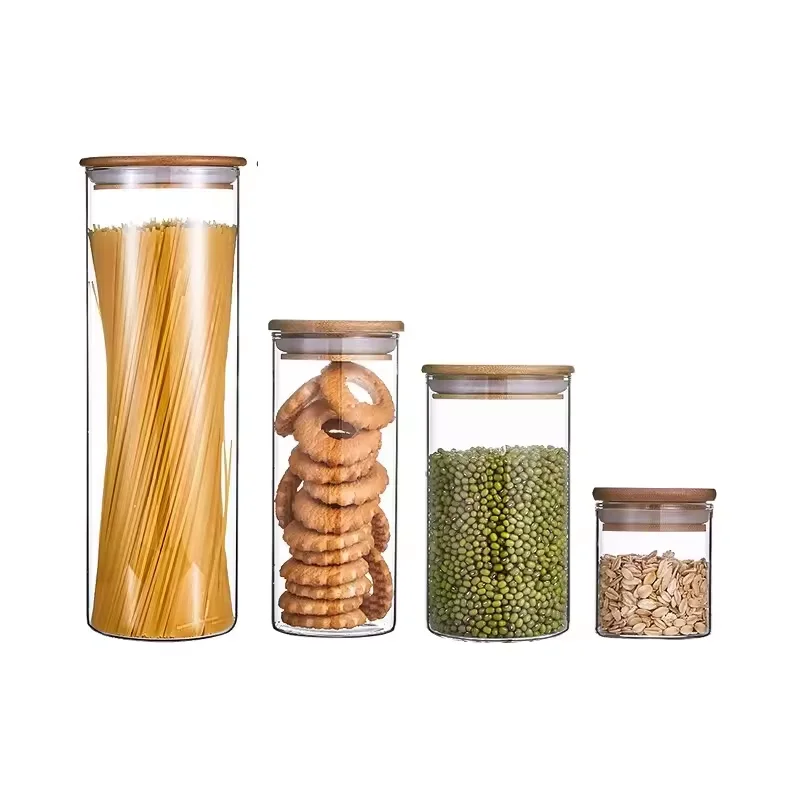 Borosilicate Glass Storage Jar With Bamboo Lid For Tube Shaped Glass Storage Jar For Glass Spice Jar With Wooden Lid