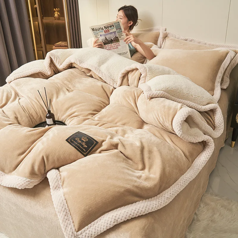 Fluffy Plush Lamb Wool Padded Warm Milk Fleece Quilt Cover Sheet Bed Spread Quilt Blanket Bedding Set