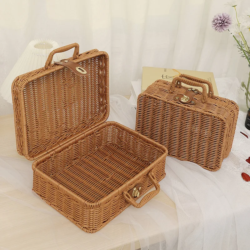 Iron frame rattan portable storage box picnic handmade classic retro storage box household goods storage box