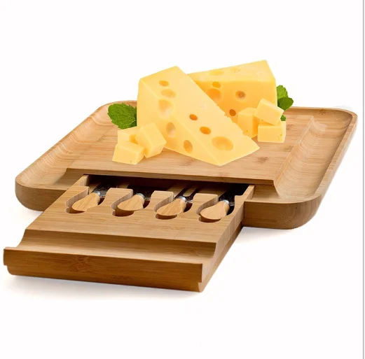 
Bamboo Cheese Board and Knife Set with 4 Knives Slicer Large Wooden Cheese and Cracker Platter Cutting Serving Plate Tray 