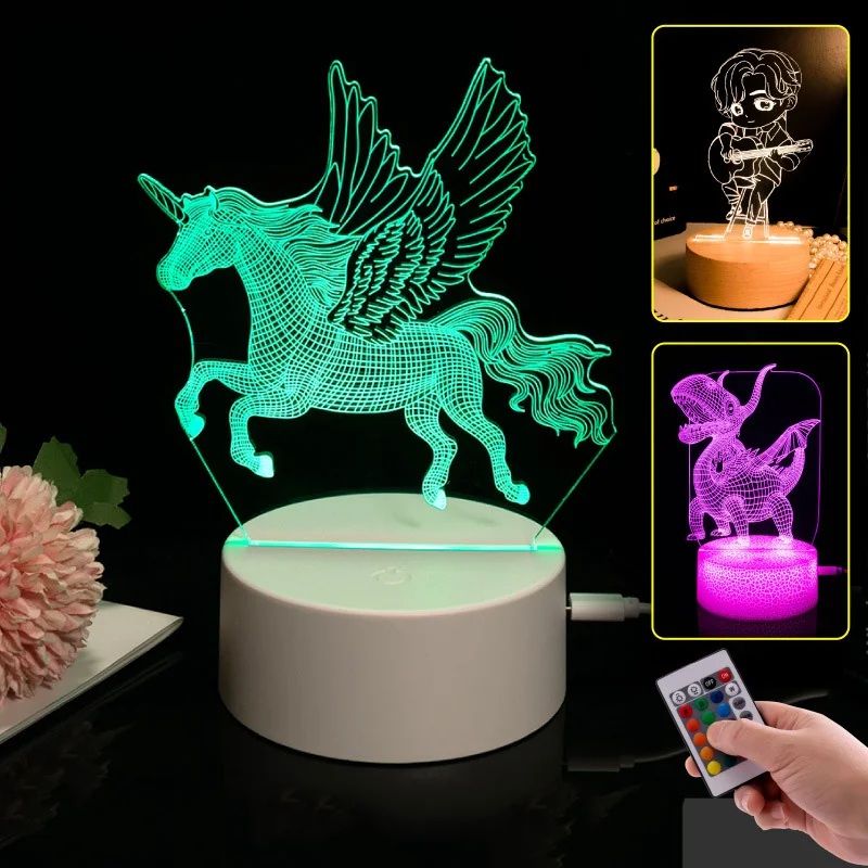3D Acrylic Night Lights Visual Creative LED Desk Lamp Remote Control and Touch Control 7 16 Colors USB  Plug Battery Powered
